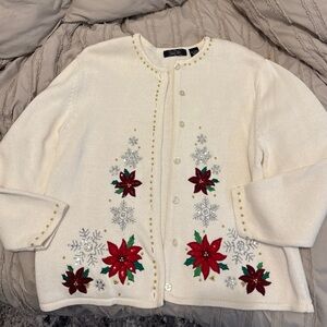 Crystal Kobe vintage Festive Cream Cardigan with Red Floral Embroidery